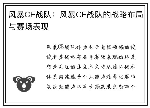 风暴CE战队：风暴CE战队的战略布局与赛场表现