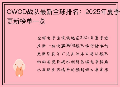 OWOD战队最新全球排名：2025年夏季更新榜单一览